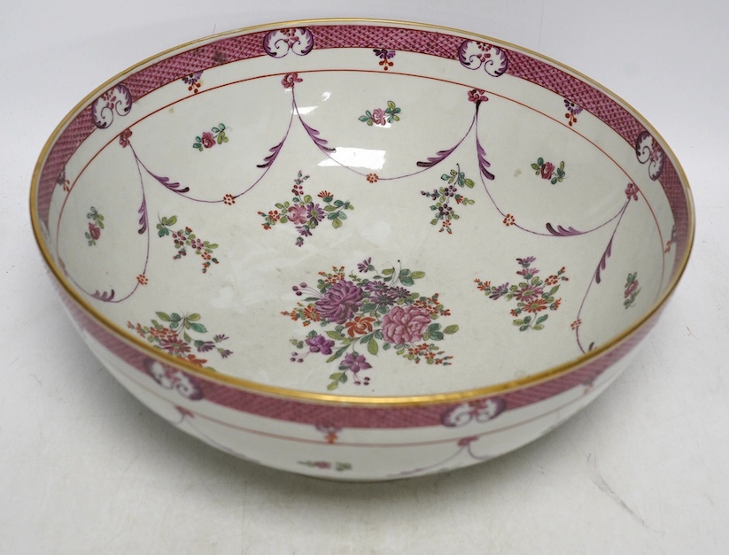 A 19th century Samson famille rose bowl, 32cm diameter. Condition - slight wear to gilding